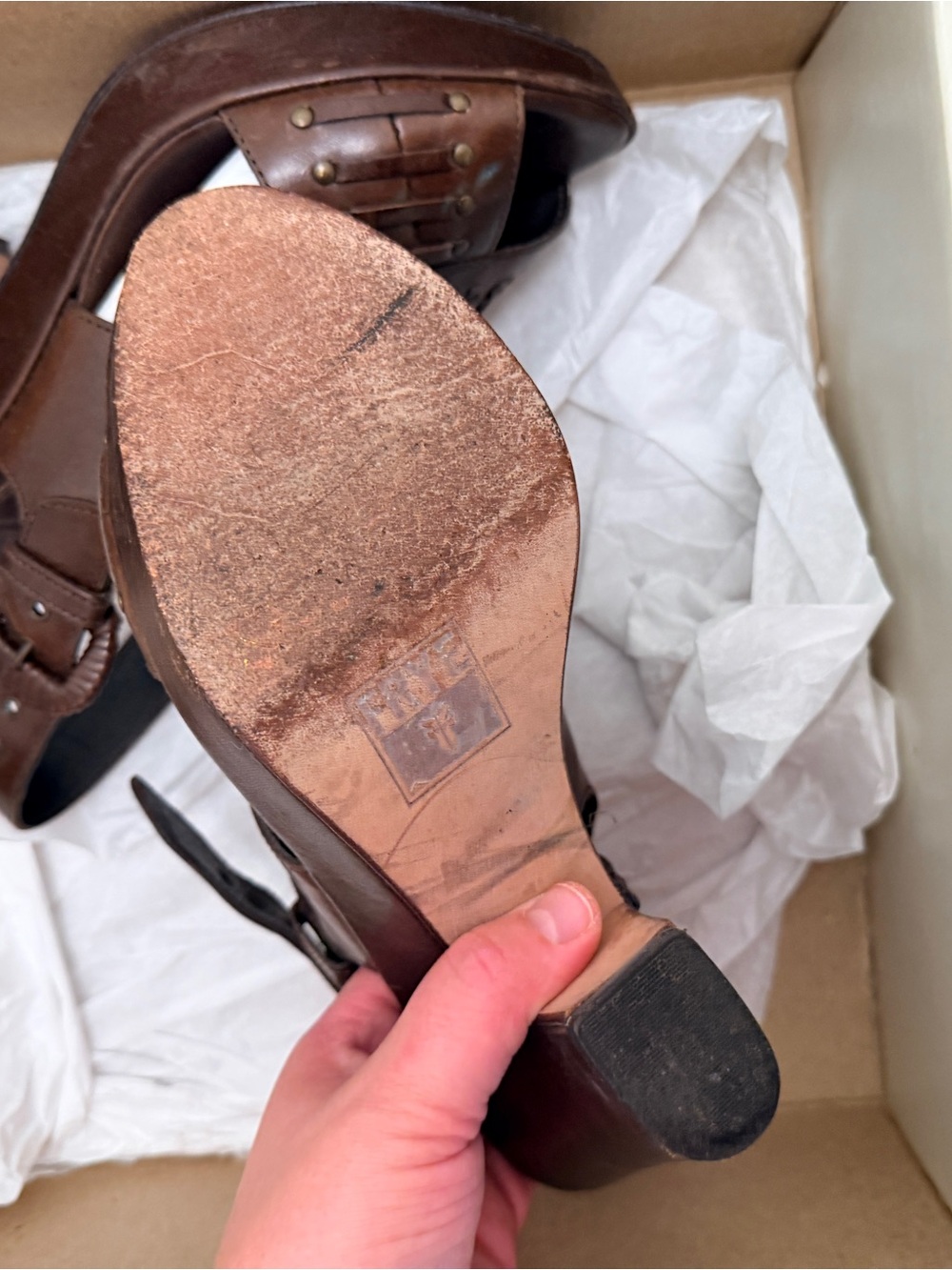 Frye Dark Brown Leather Woven Wedge Sandals - Picture 2 of 4